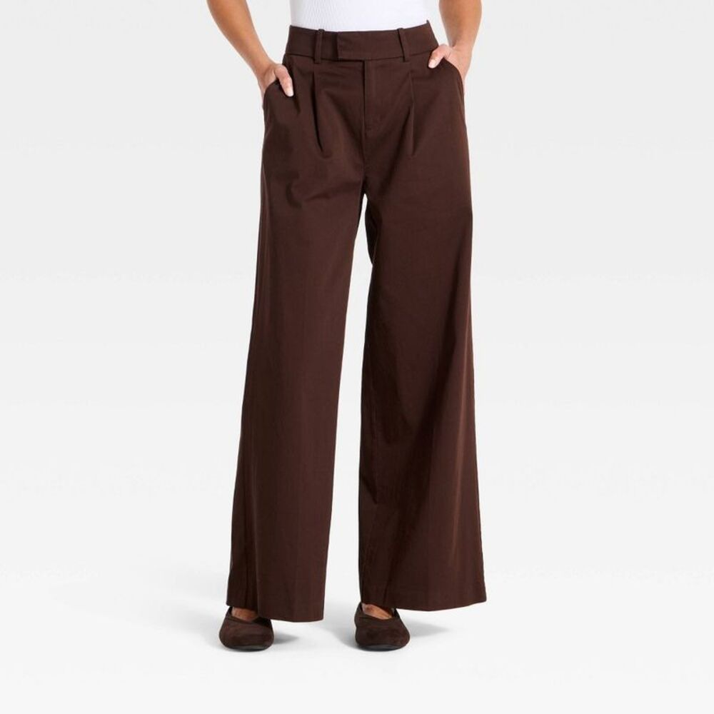 Women's Cotton Twill Wide Leg Trousers - A New Day Brown 4